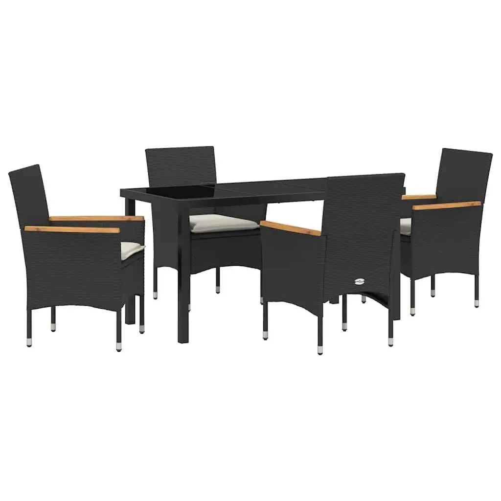 Garden Dining Set Black Poly Rattan with Cushion Tempered Glass Table 5 Piece