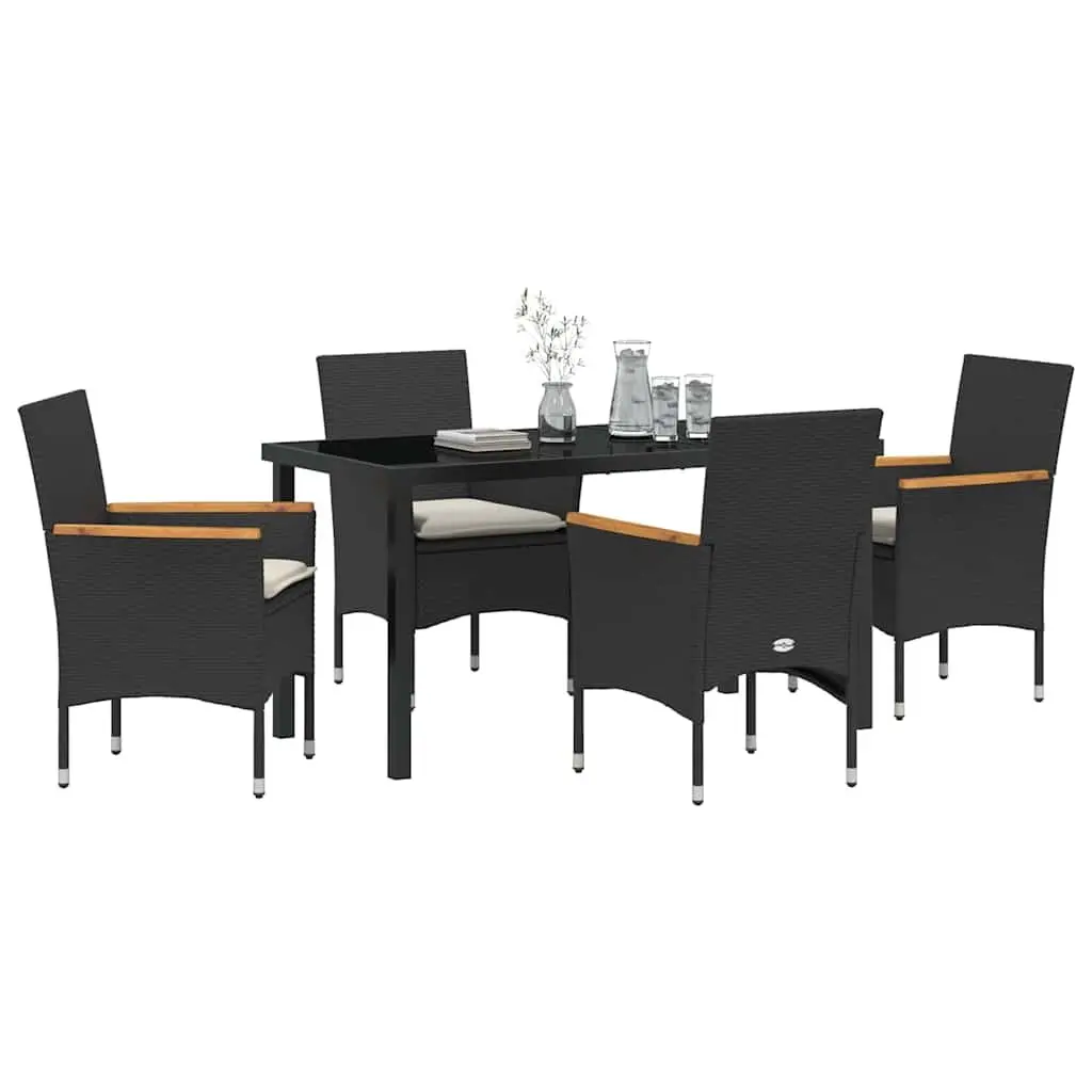 Garden Dining Set Black Poly Rattan with Cushion Tempered Glass Table 5 Piece