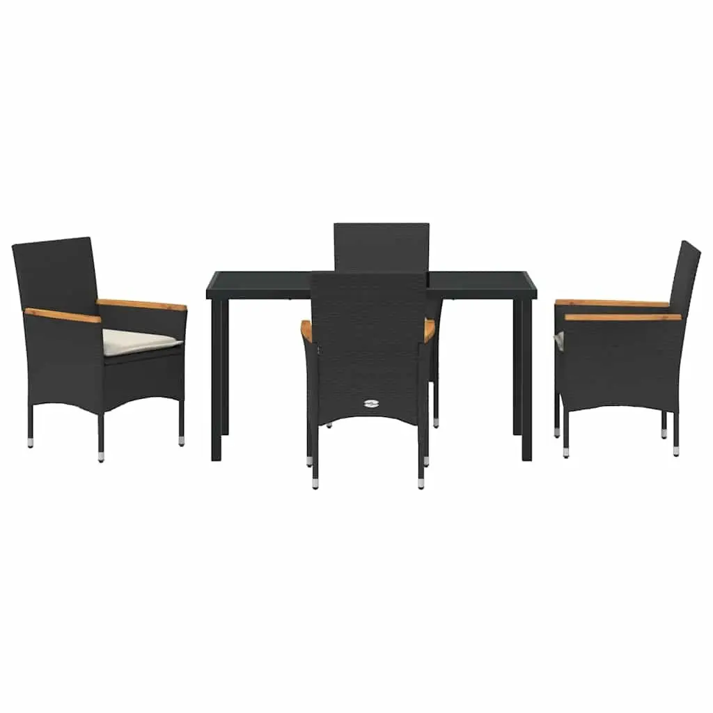 Garden Dining Set Black Poly Rattan with Cushion Tempered Glass Table 5 Piece