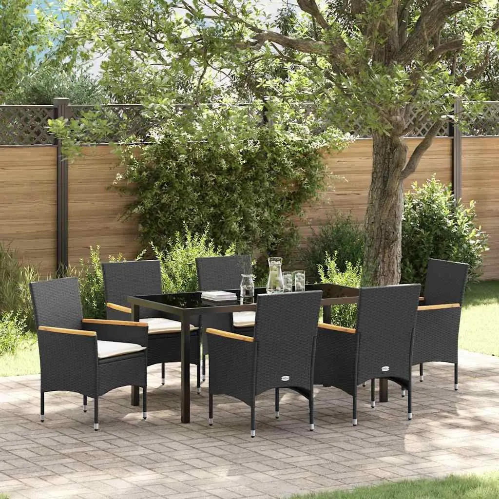Garden Dining Set Modern Style 7 Piece Outdoor Furniture Black Poly Rattan Table Chairs