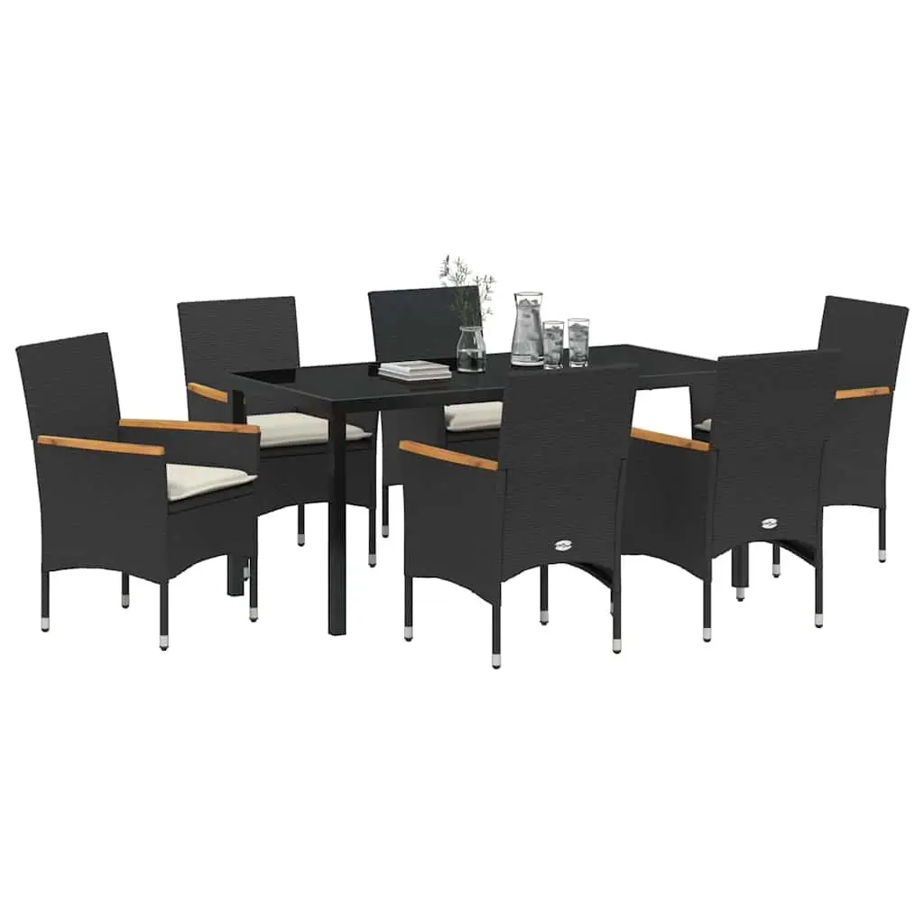 Garden Dining Set Modern Style 7 Piece Outdoor Furniture Black Poly Rattan Table Chairs