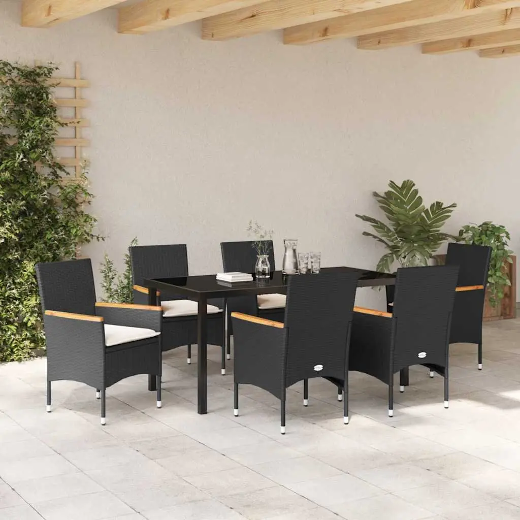 Garden Dining Set Modern Style 7 Piece Outdoor Furniture Black Poly Rattan Table Chairs
