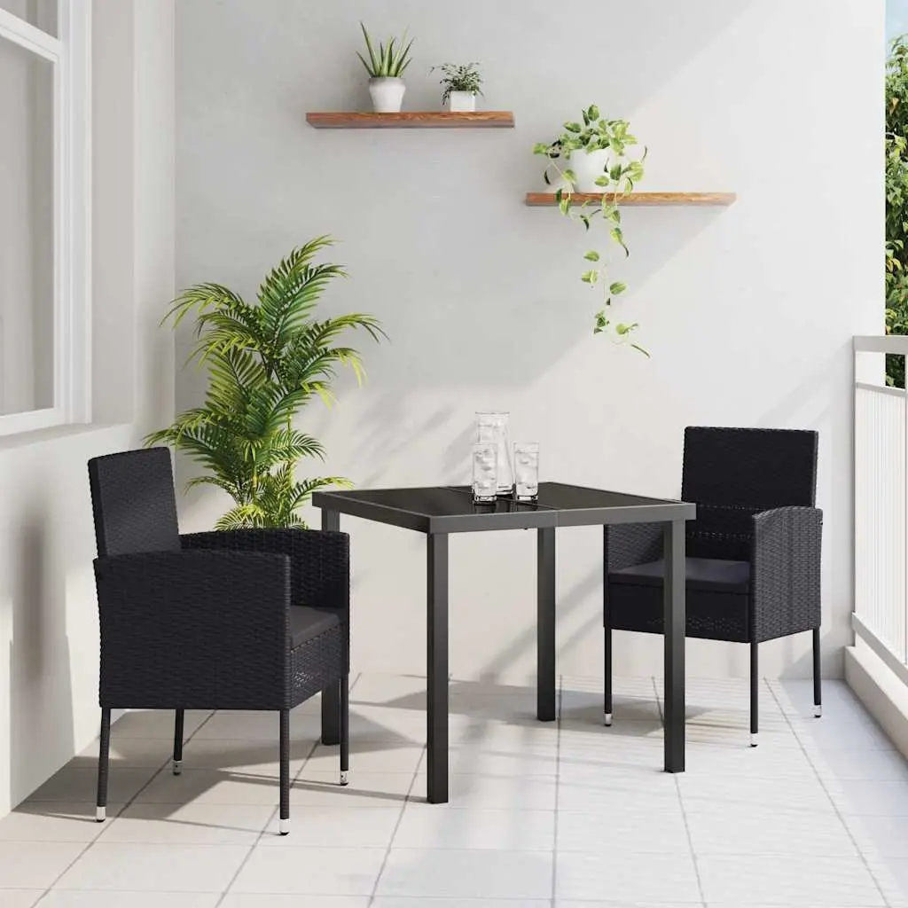 Garden Dining Set Modern Outdoor Furniture 3 Pieces Black Poly Rattan Table Chairs