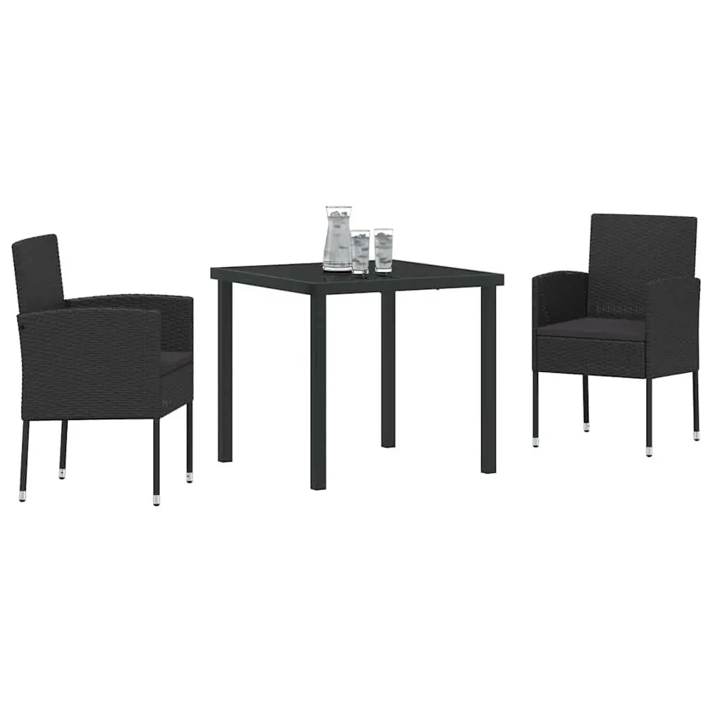 Garden Dining Set Modern Outdoor Furniture 3 Pieces Black Poly Rattan Table Chairs