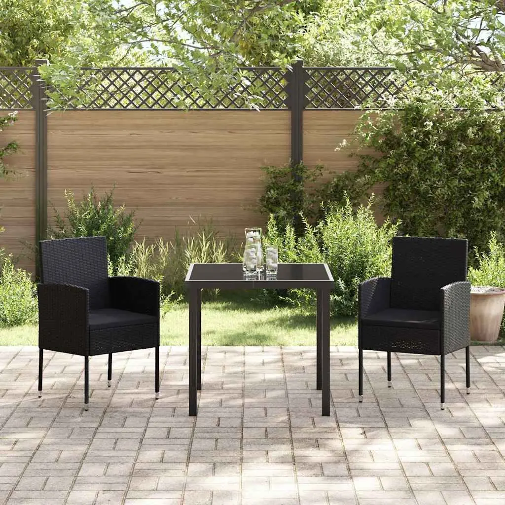 Garden Dining Set Modern Outdoor Furniture 3 Pieces Black Poly Rattan Table Chairs