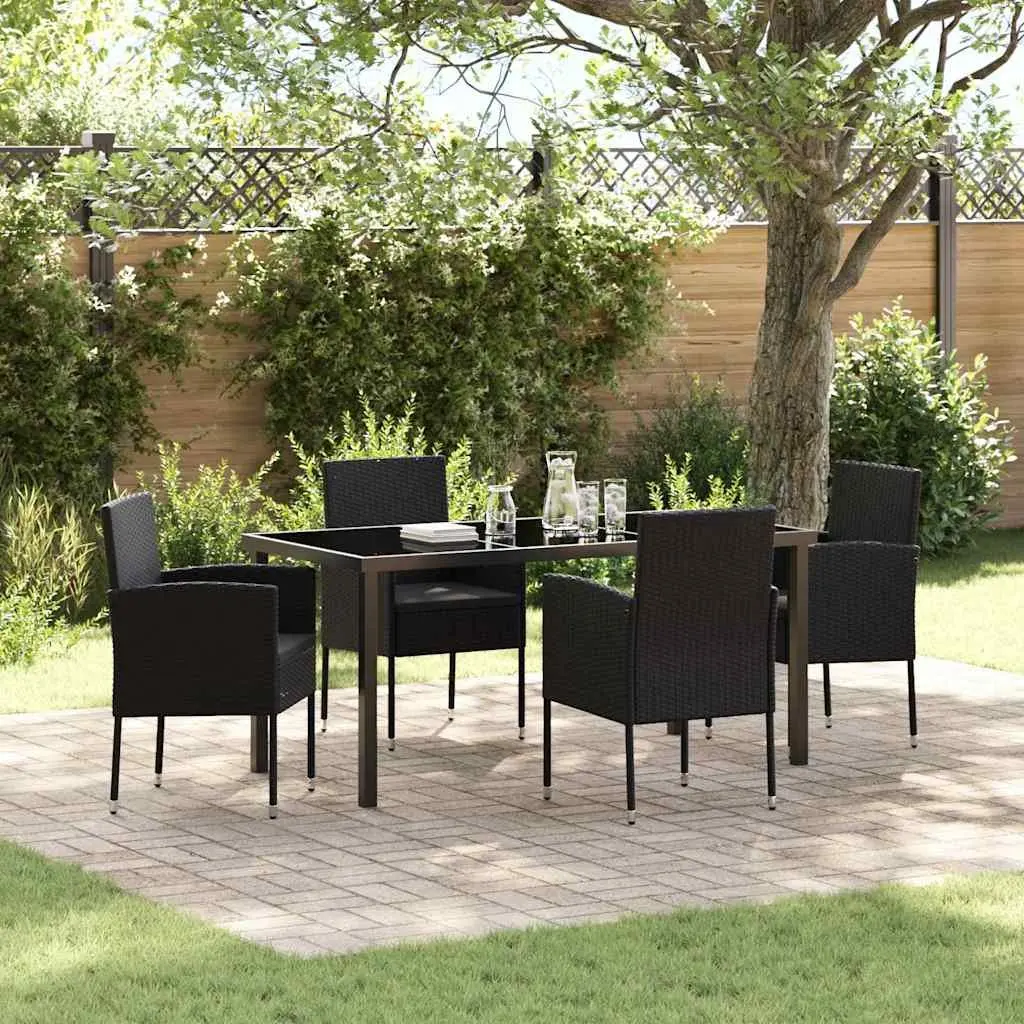 Outdoor Dining Set 5 Piece Garden Furniture Table with Tempered Glass Top Black Poly Rattan