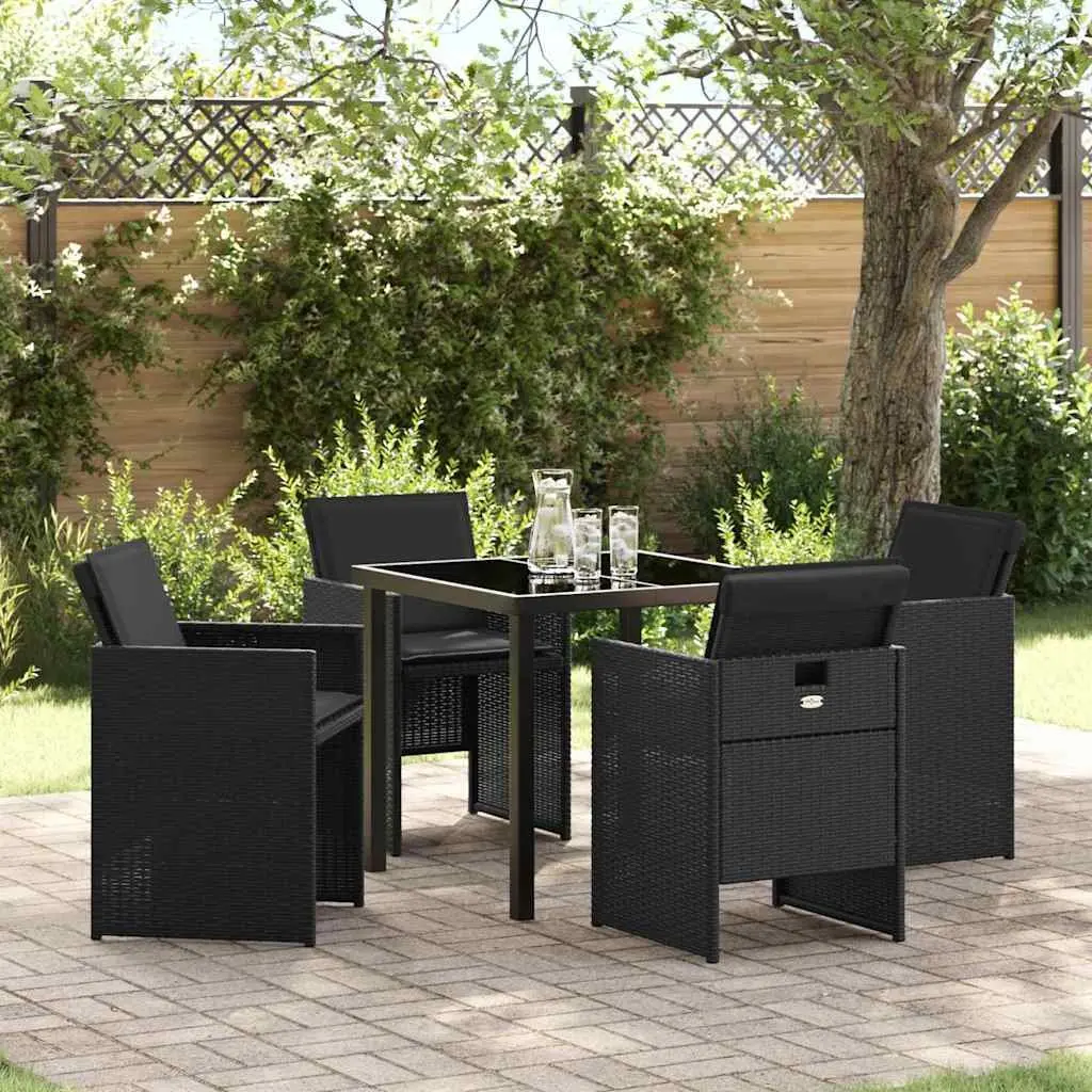 Outdoor Garden Dining Set 5 Piece Black Poly Rattan Table with Tempered Glass Top and Cushions
