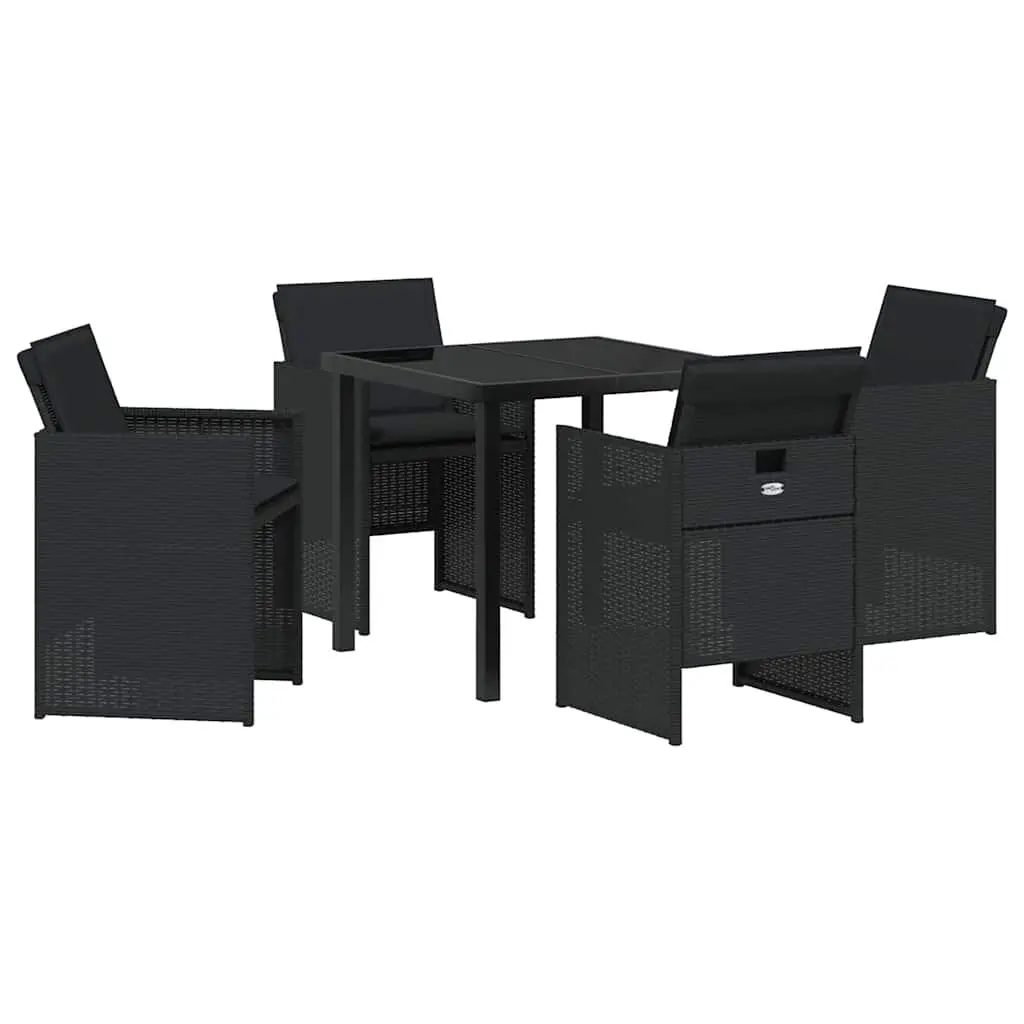 Outdoor Garden Dining Set 5 Piece Black Poly Rattan Table with Tempered Glass Top and Cushions