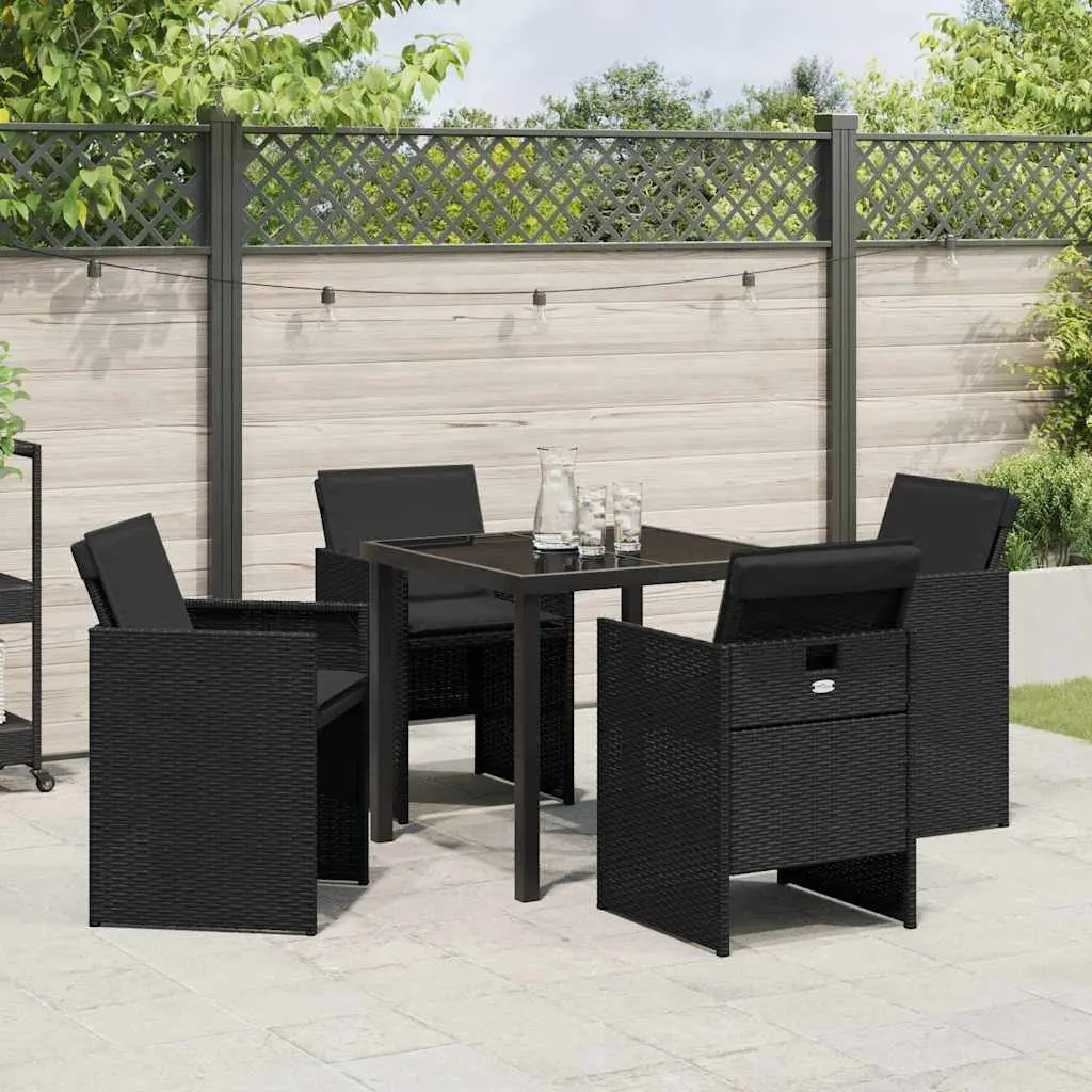 Outdoor Garden Dining Set 5 Piece Black Poly Rattan Table with Tempered Glass Top and Cushions
