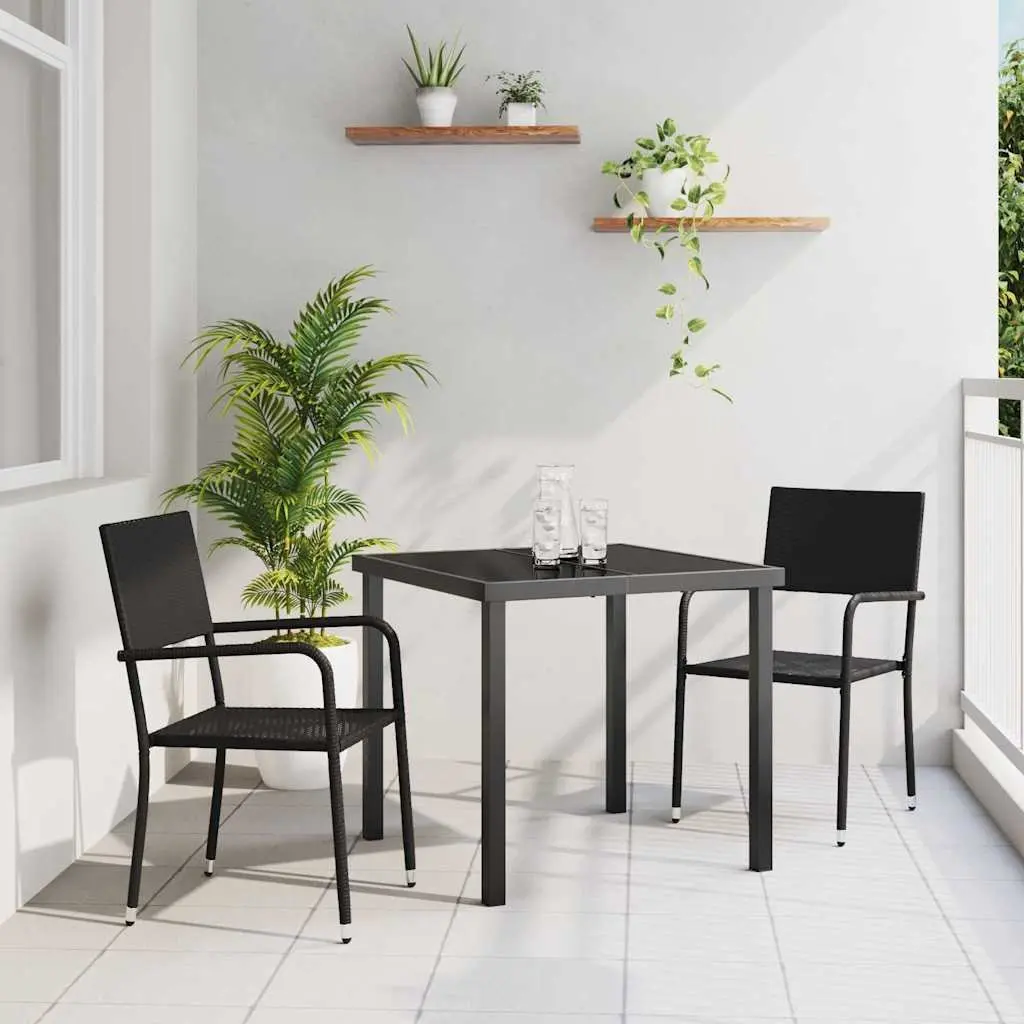 Outdoor Garden Dining Set Poly Rattan 3 Pcs Black Tempered Glass Table Armchairs
