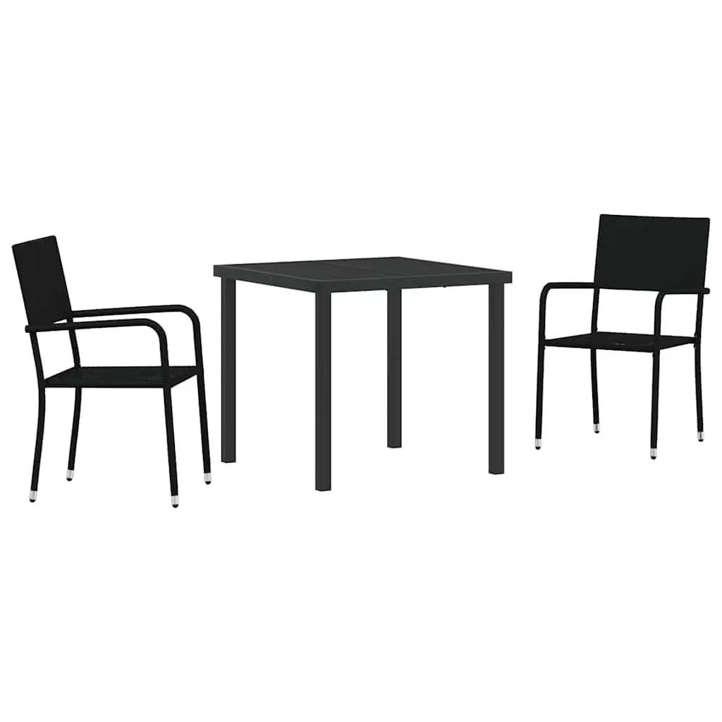 Outdoor Garden Dining Set Poly Rattan 3 Pcs Black Tempered Glass Table Armchairs
