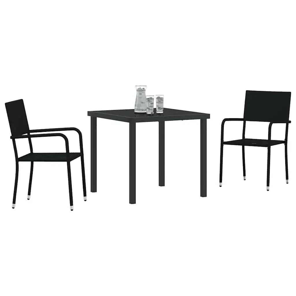 Outdoor Garden Dining Set Poly Rattan 3 Pcs Black Tempered Glass Table Armchairs