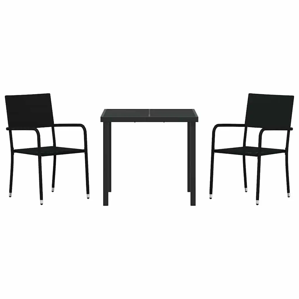 Outdoor Garden Dining Set Poly Rattan 3 Pcs Black Tempered Glass Table Armchairs