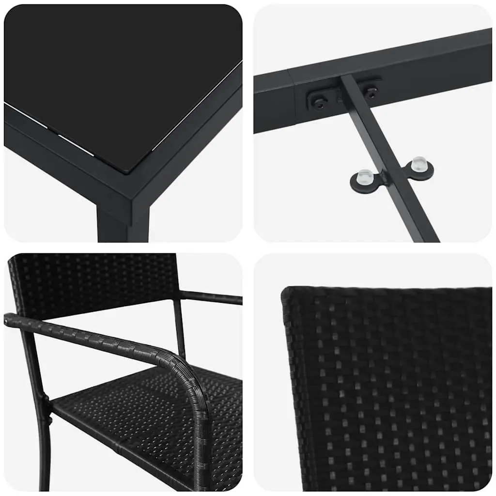Outdoor Garden Dining Set Poly Rattan 3 Pcs Black Tempered Glass Table Armchairs