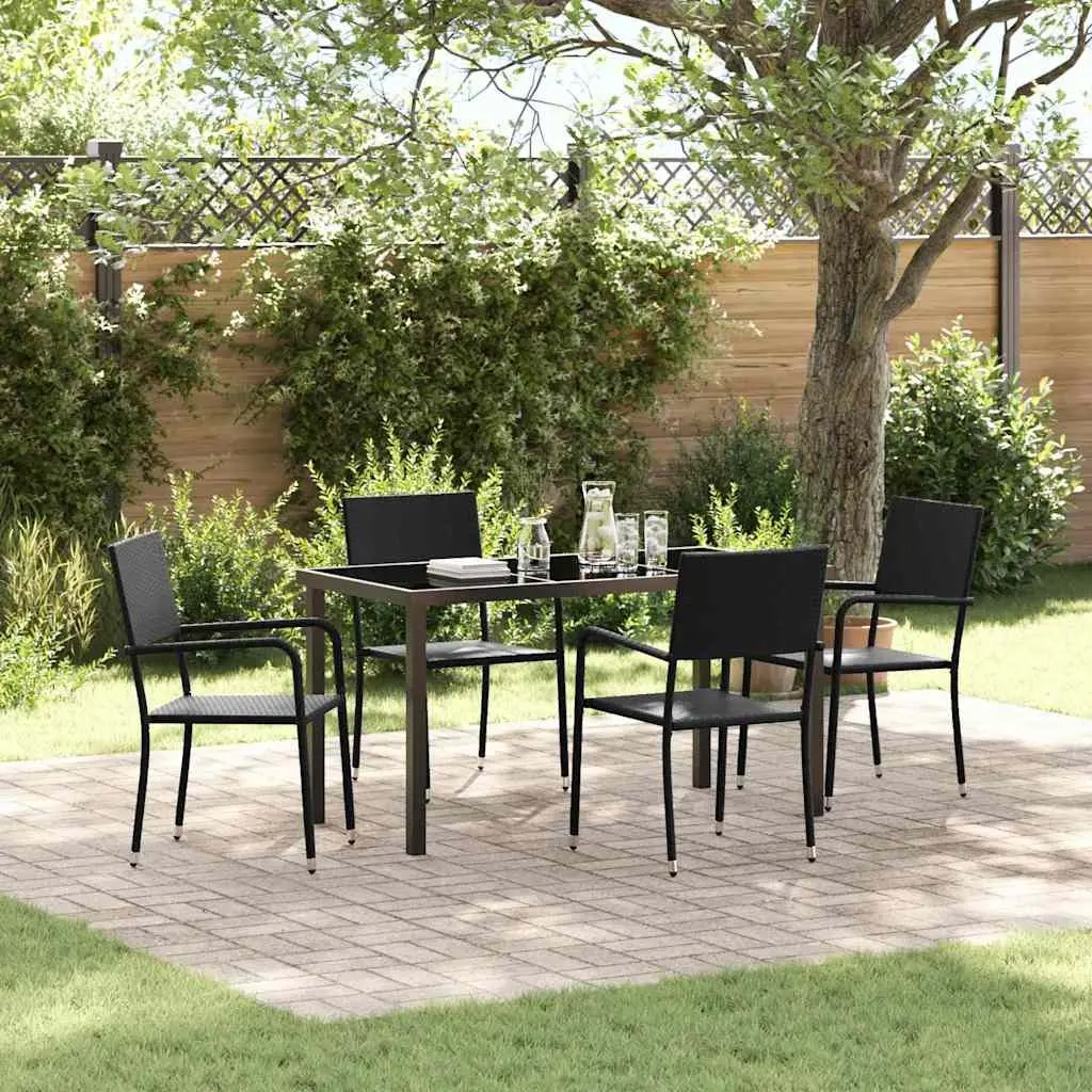 Outdoor Garden Dining Set Modern Black Poly Rattan Tempered Glass Table 5 Piece