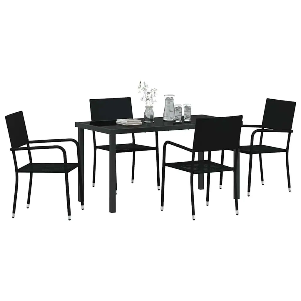 Outdoor Garden Dining Set Modern Black Poly Rattan Tempered Glass Table 5 Piece