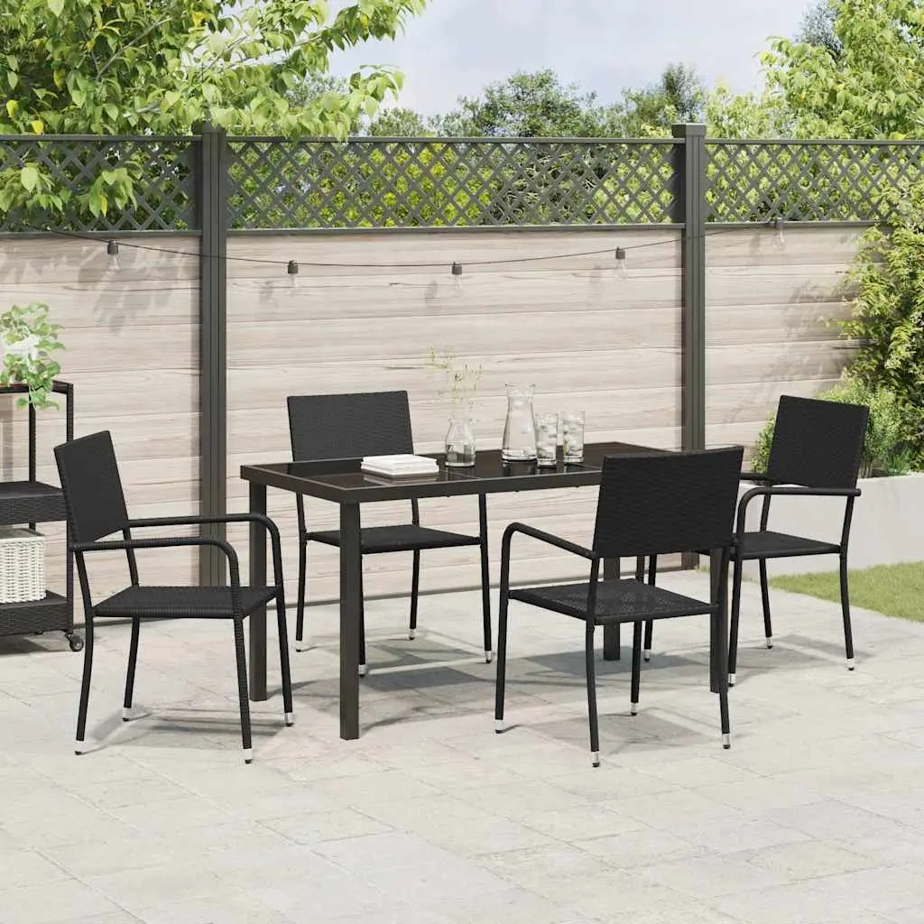 Outdoor Garden Dining Set Modern Black Poly Rattan Tempered Glass Table 5 Piece