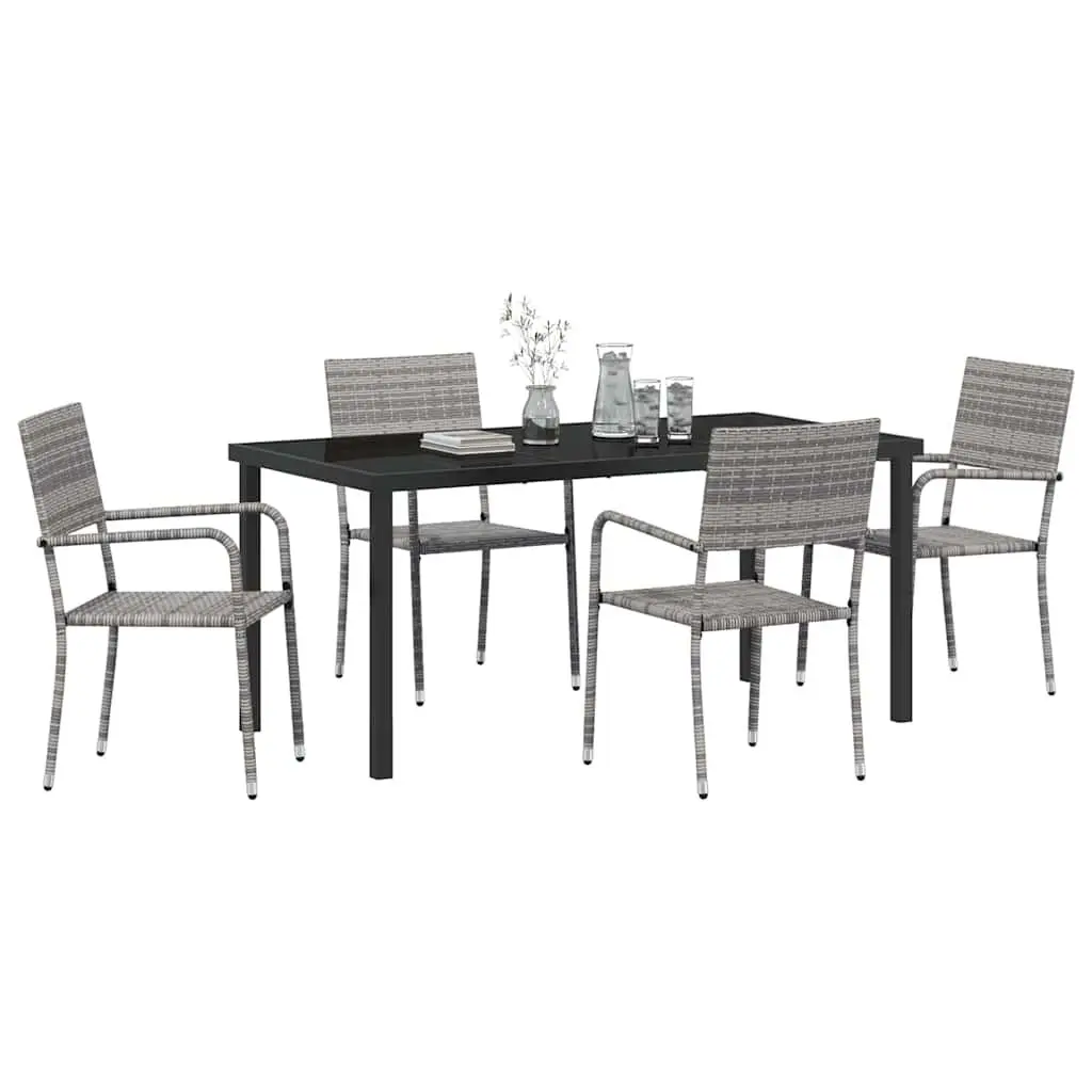 Outdoor Dining Set Modern Grey Poly Rattan 5 Pieces Tempered Glass