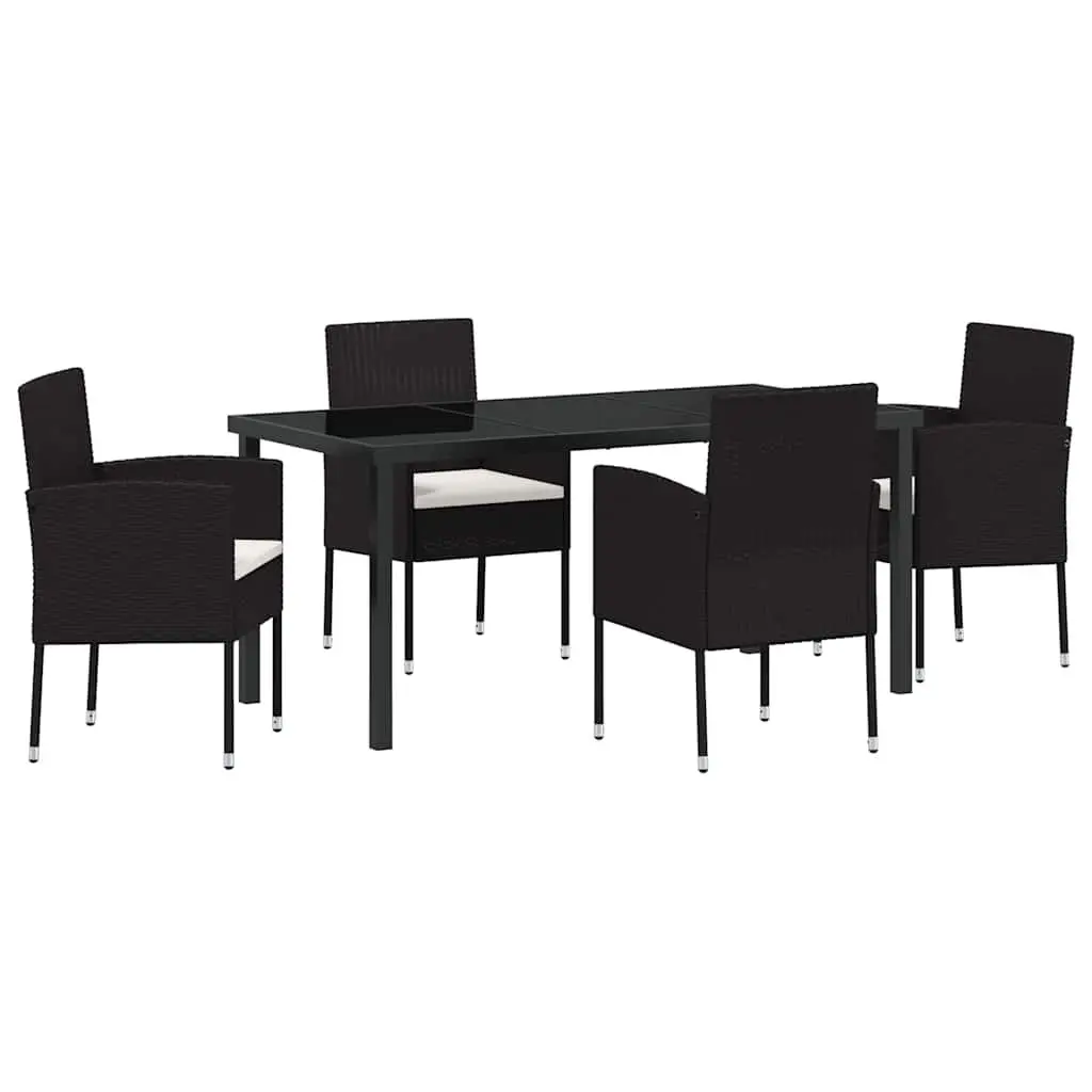 Outdoor Dining Set Modern 5 Piece Black Poly Rattan Glass Top Table and Chairs