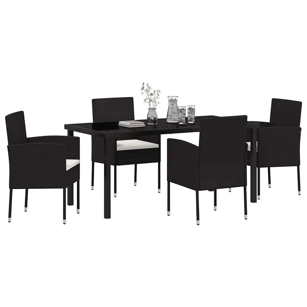 Outdoor Dining Set Modern 5 Piece Black Poly Rattan Glass Top Table and Chairs