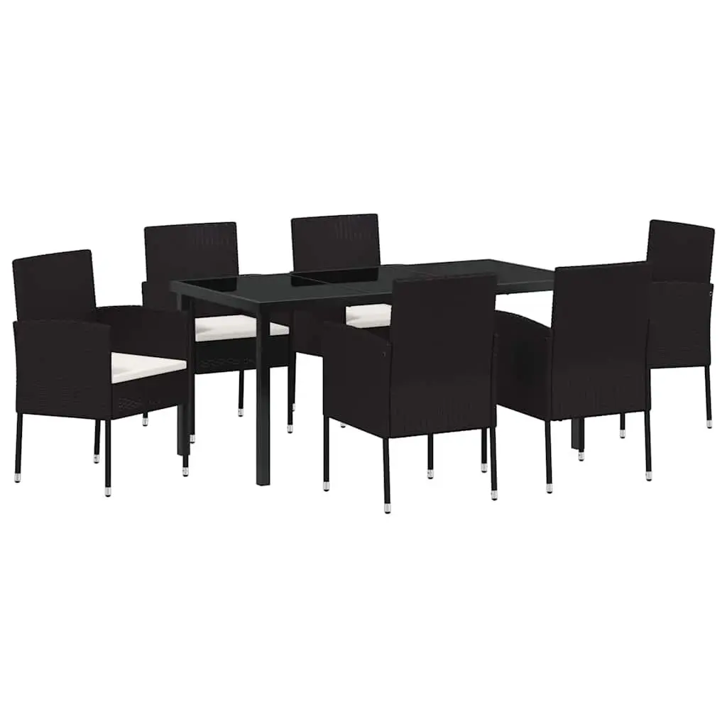 Outdoor Furniture Set 7 Piece Rattan Chairs Glass Top Table Black