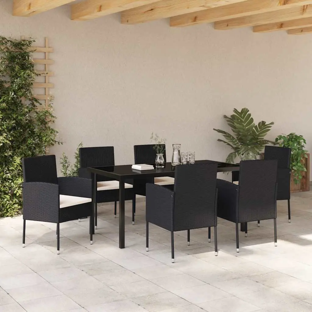 Outdoor Furniture Set 7 Piece Rattan Chairs Glass Top Table Black
