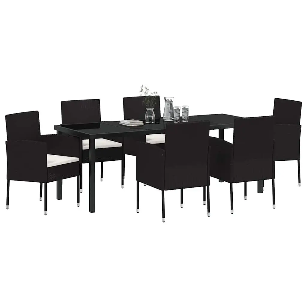 Garden Dining Set 7 Pieces Outdoor Furniture Black Poly Rattan Glass Table