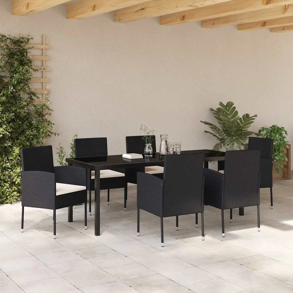 Garden Dining Set 7 Pieces Outdoor Furniture Black Poly Rattan Glass Table