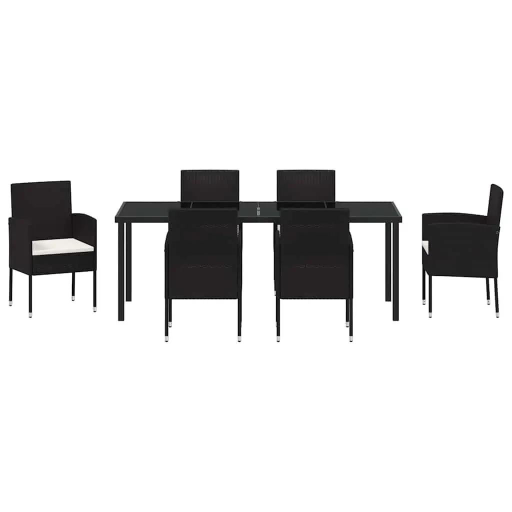Garden Dining Set 7 Pieces Outdoor Furniture Black Poly Rattan Glass Table