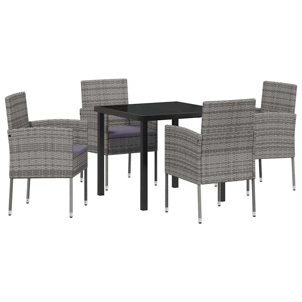 Outdoor Dining Set 5 Piece Grey Poly Rattan with Tempered Glass Top Table and Cushioned Chairs
