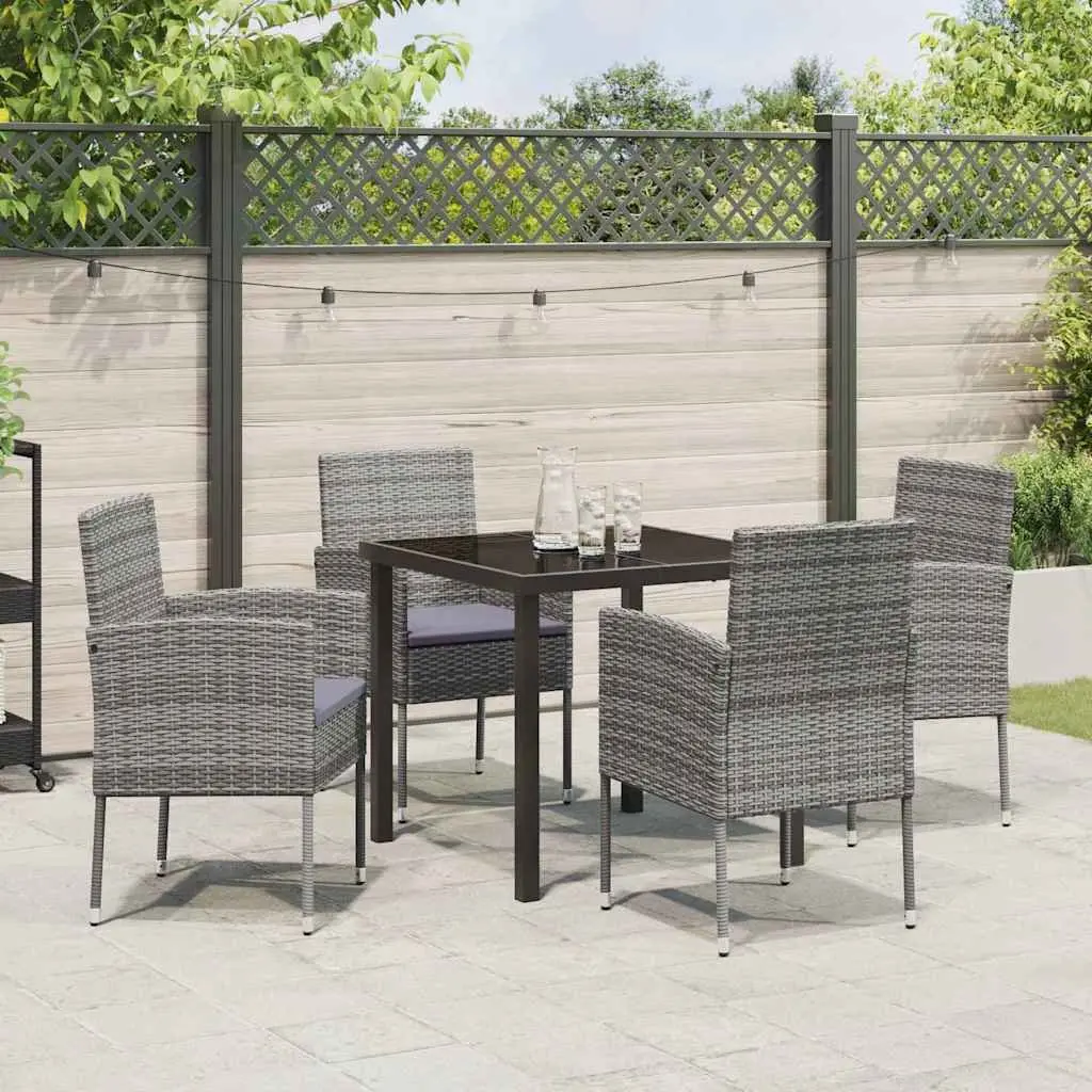 Outdoor Dining Set 5 Piece Grey Poly Rattan with Tempered Glass Top Table and Cushioned Chairs