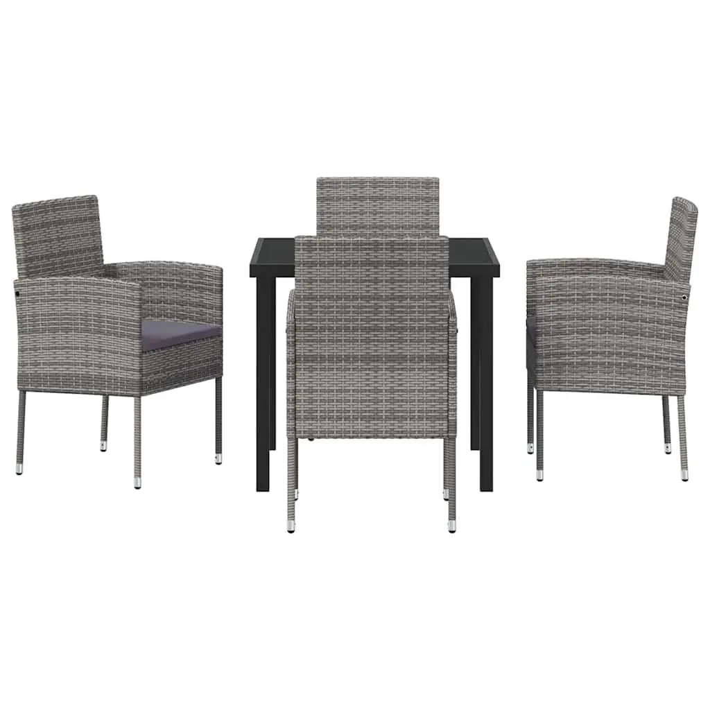 Outdoor Dining Set 5 Piece Grey Poly Rattan with Tempered Glass Top Table and Cushioned Chairs