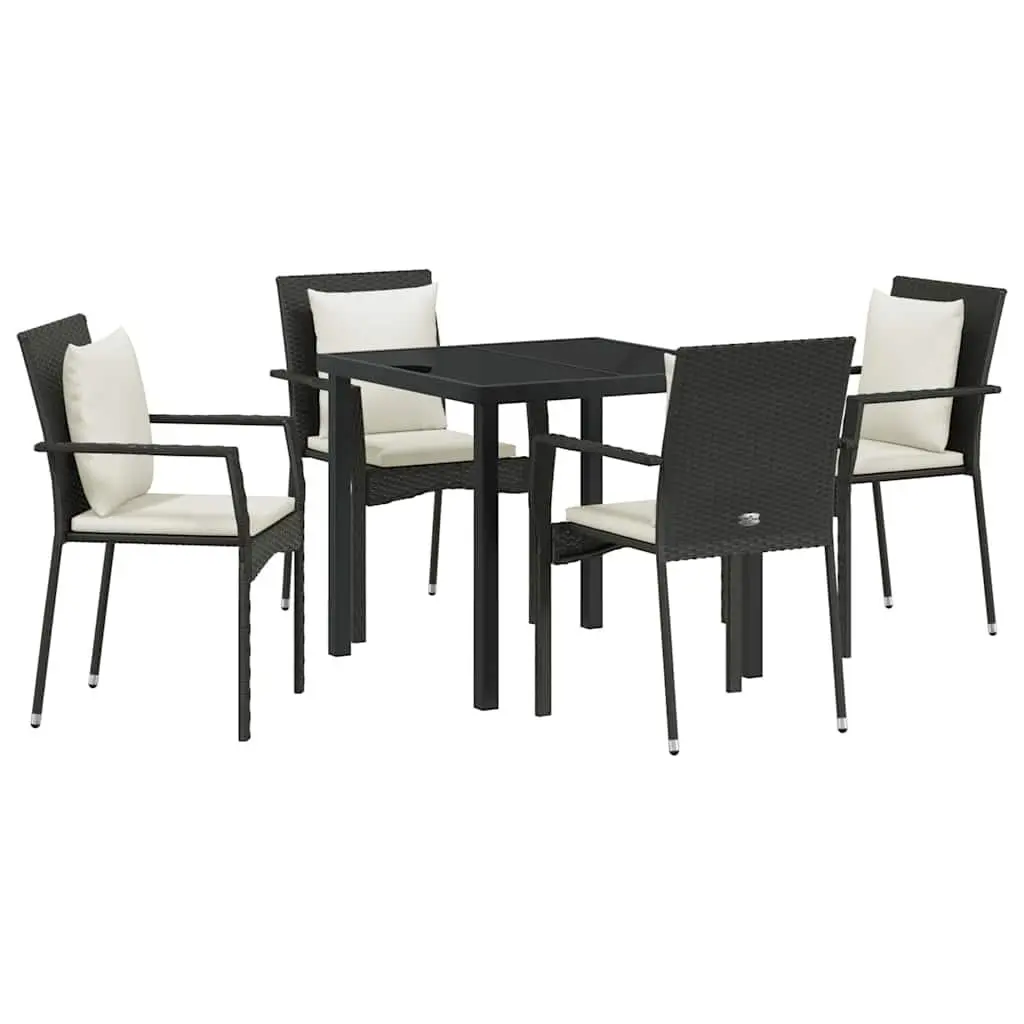 Outdoor Furniture Set 5 Piece Black Poly Rattan Dining Table with Cushions and Tempered Glass Top for Garden and Patio