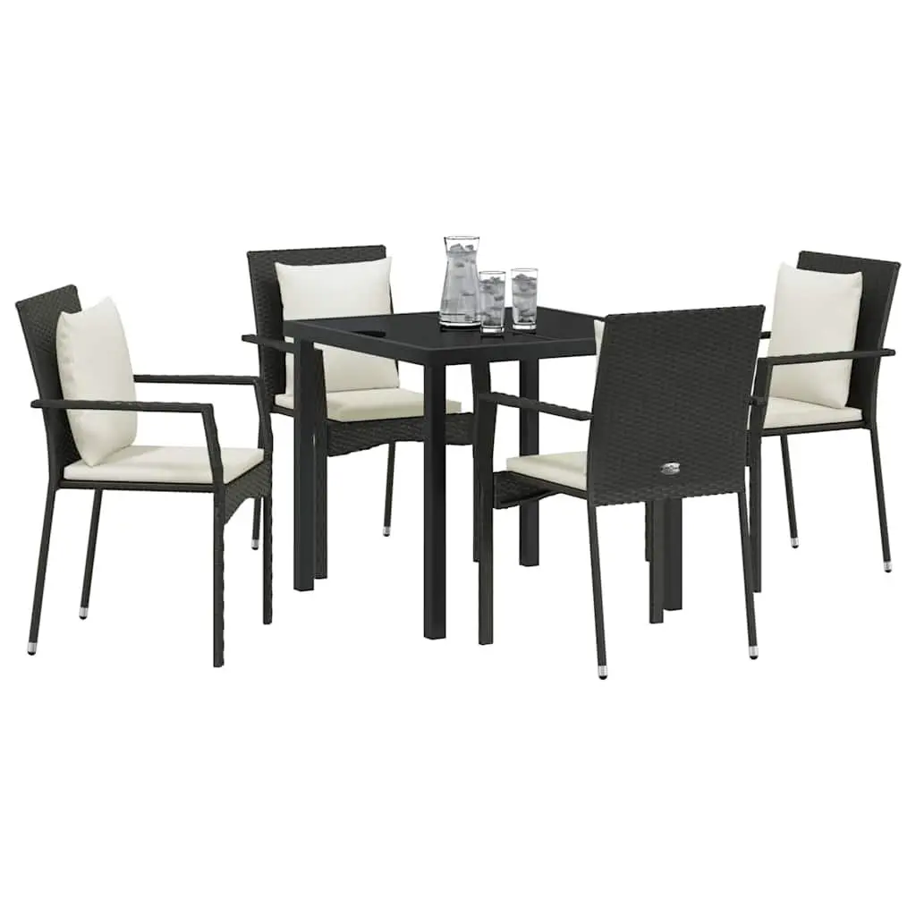 Outdoor Furniture Set 5 Piece Black Poly Rattan Dining Table with Cushions and Tempered Glass Top for Garden and Patio