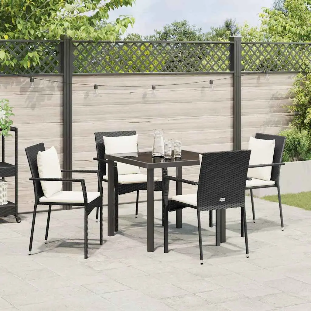 Outdoor Furniture Set 5 Piece Black Poly Rattan Dining Table with Cushions and Tempered Glass Top for Garden and Patio
