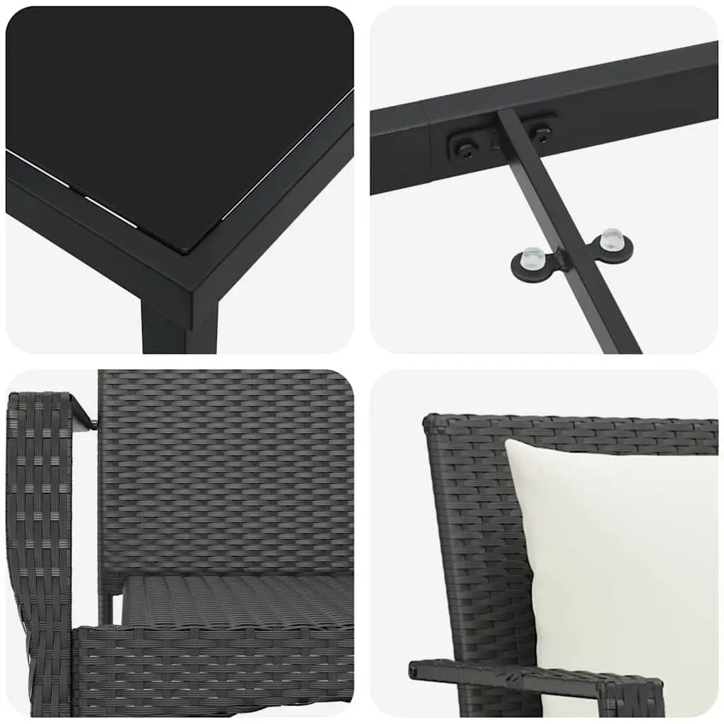 Outdoor Furniture Set 5 Piece Black Poly Rattan Dining Table with Cushions and Tempered Glass Top for Garden and Patio