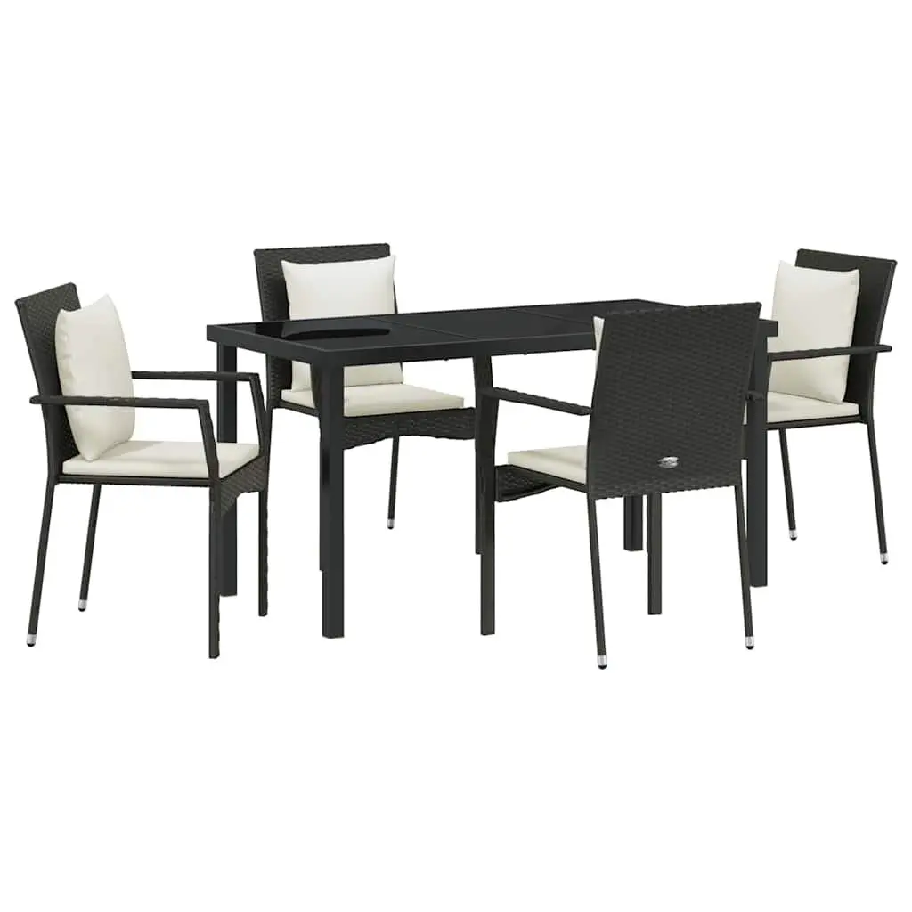 Outdoor Dining Set Black Poly Rattan 5 Piece with Tempered Glass Tabletop