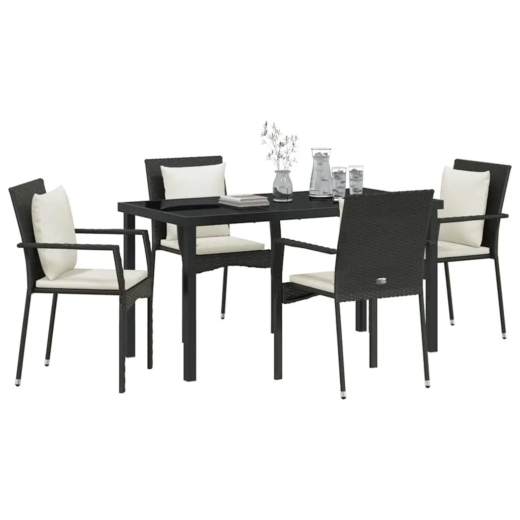 Outdoor Dining Set Black Poly Rattan 5 Piece with Tempered Glass Tabletop