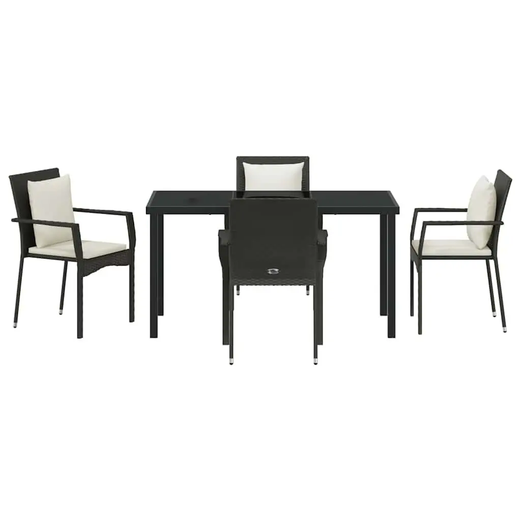 Outdoor Dining Set Black Poly Rattan 5 Piece with Tempered Glass Tabletop