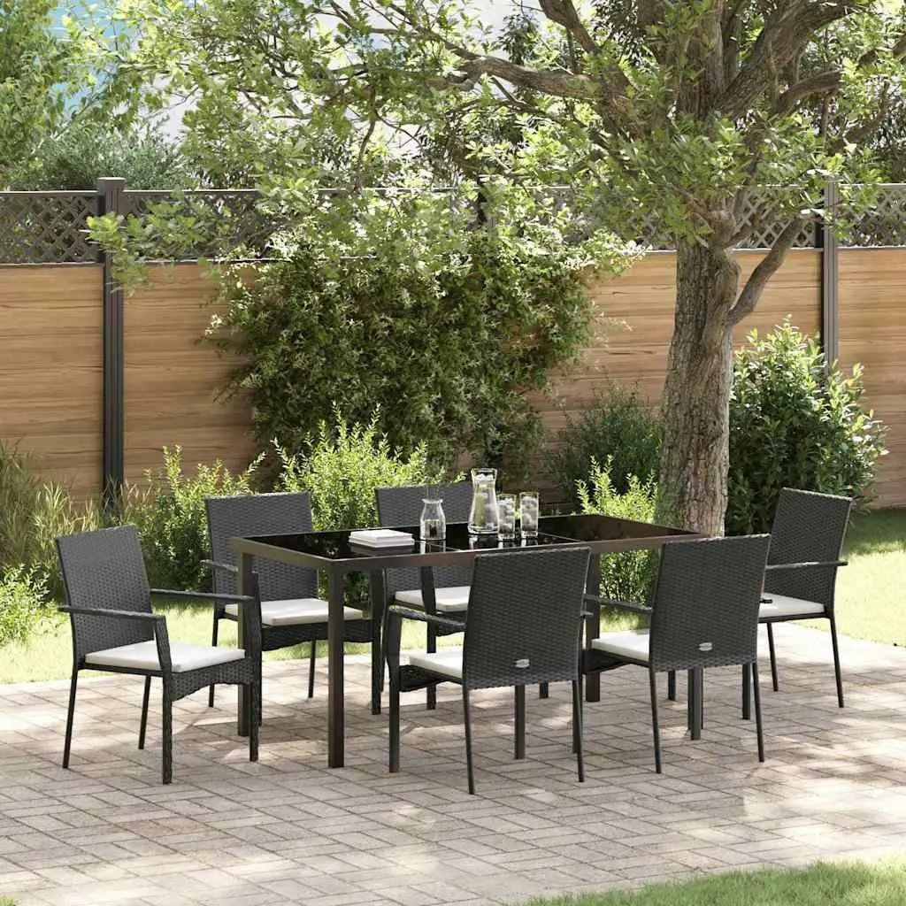 Outdoor Garden Dining Set Black Poly Rattan Tempered Glass Table 7 Pieces