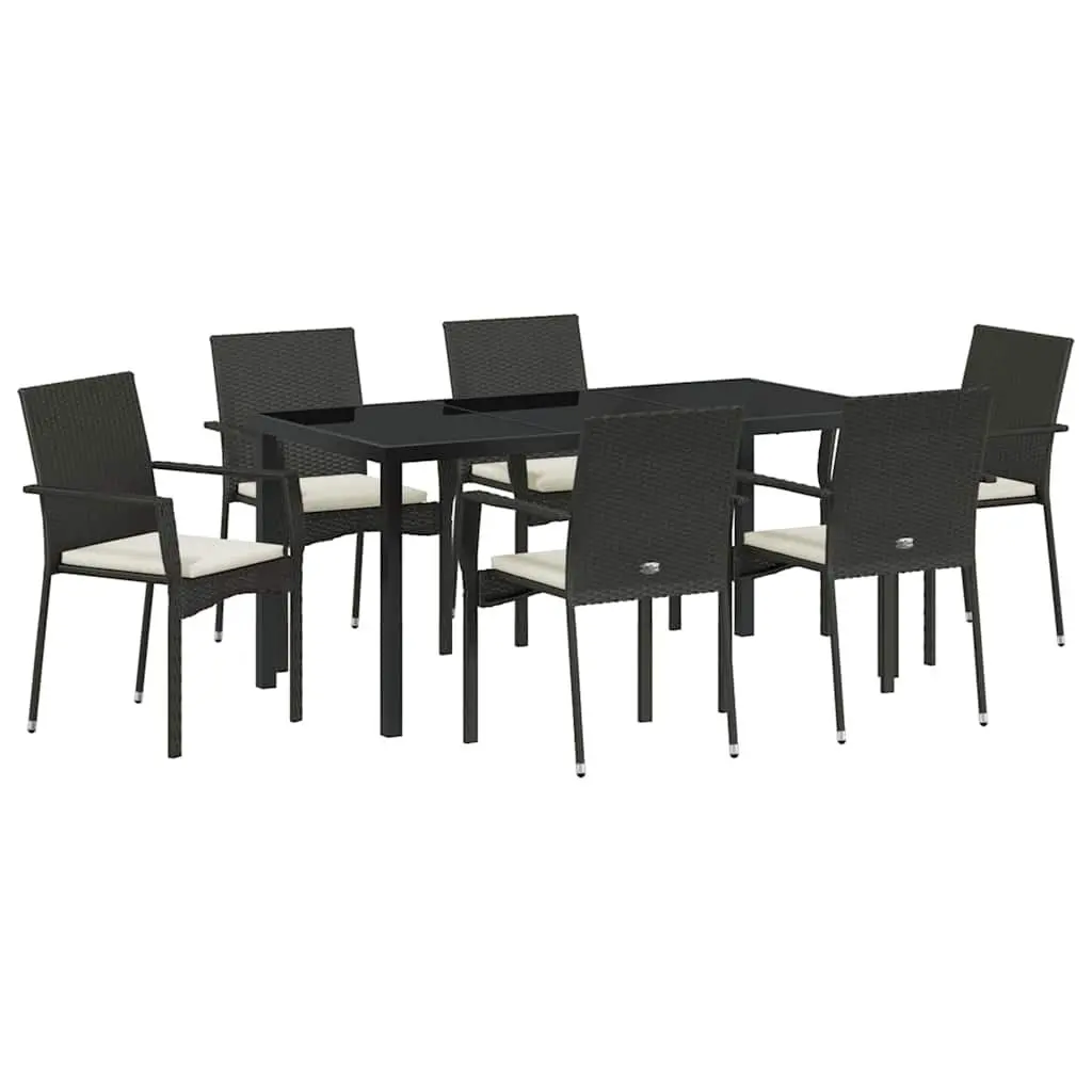 Outdoor Garden Dining Set Black Poly Rattan Tempered Glass Table 7 Pieces