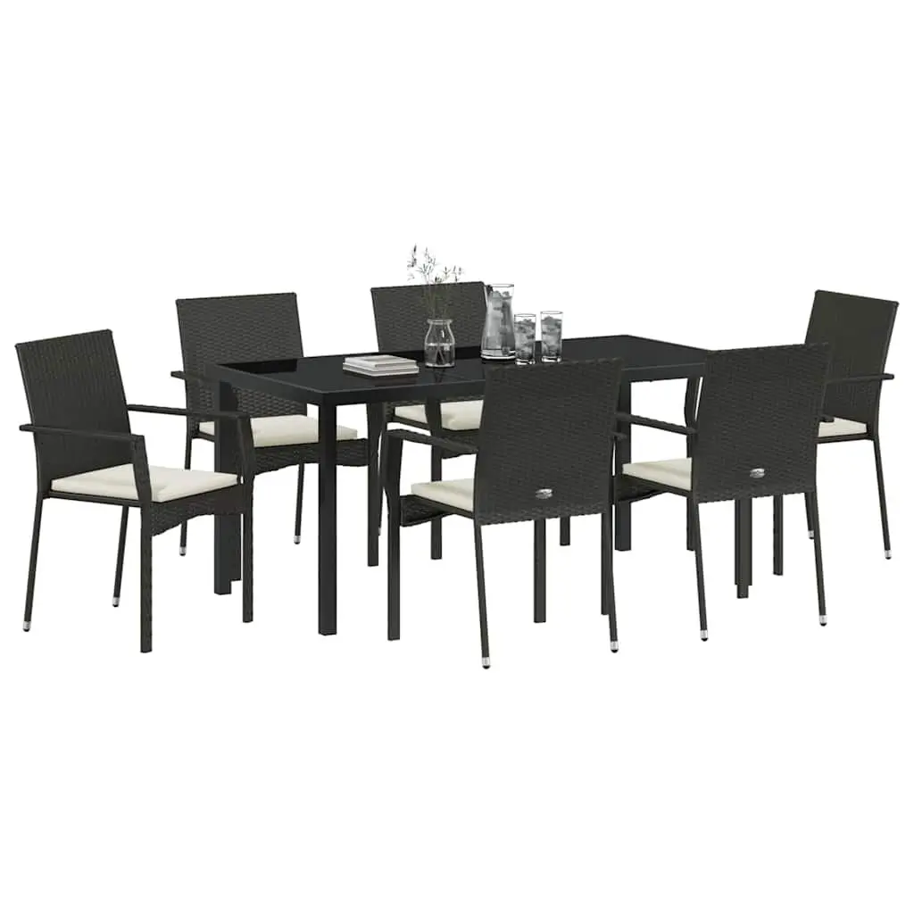 Outdoor Garden Dining Set Black Poly Rattan Tempered Glass Table 7 Pieces