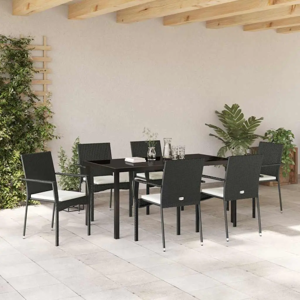 Outdoor Garden Dining Set Black Poly Rattan Tempered Glass Table 7 Pieces