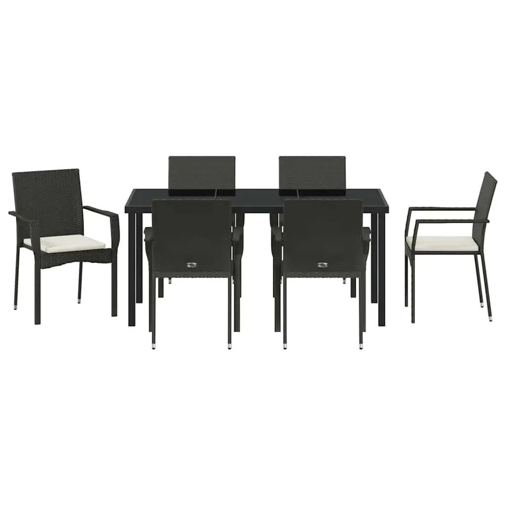 Outdoor Garden Dining Set Black Poly Rattan Tempered Glass Table 7 Pieces