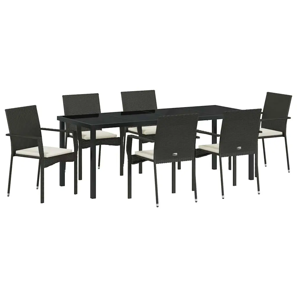 Outdoor Dining Set 7pcs Black Poly Rattan Garden Furniture Tempered Glass Table