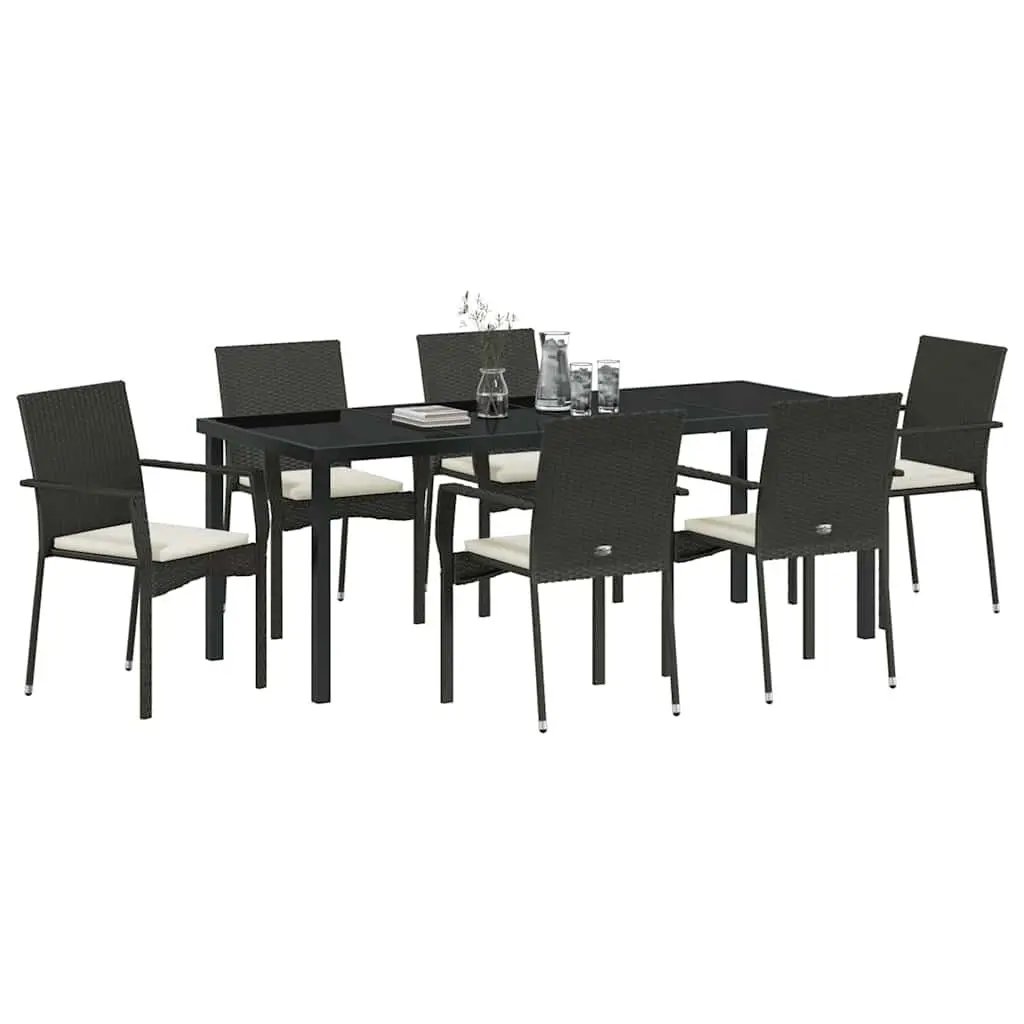 Outdoor Dining Set 7pcs Black Poly Rattan Garden Furniture Tempered Glass Table