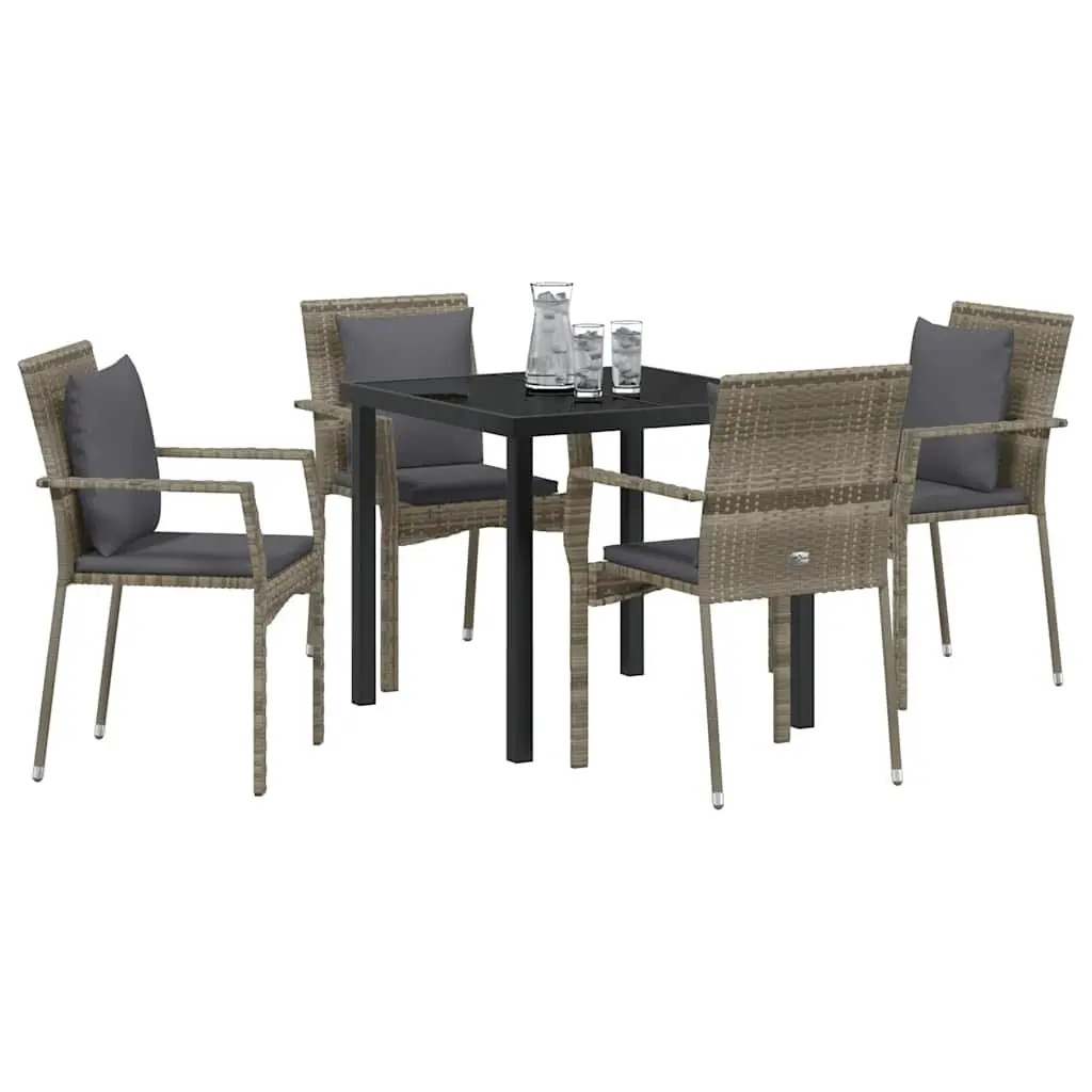 Outdoor Garden Dining Set Modern Grey Poly Rattan 5 Piece Tempered Glass Table Chairs