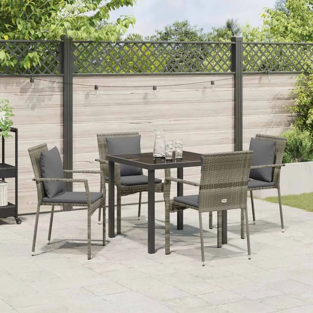 Outdoor Garden Dining Set Modern Grey Poly Rattan 5 Piece Tempered Glass Table Chairs