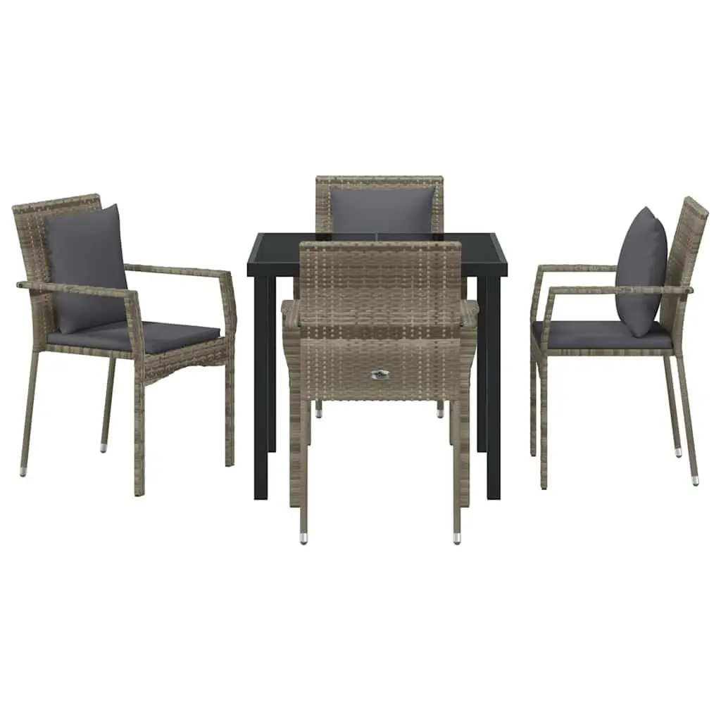 Outdoor Garden Dining Set Modern Grey Poly Rattan 5 Piece Tempered Glass Table Chairs