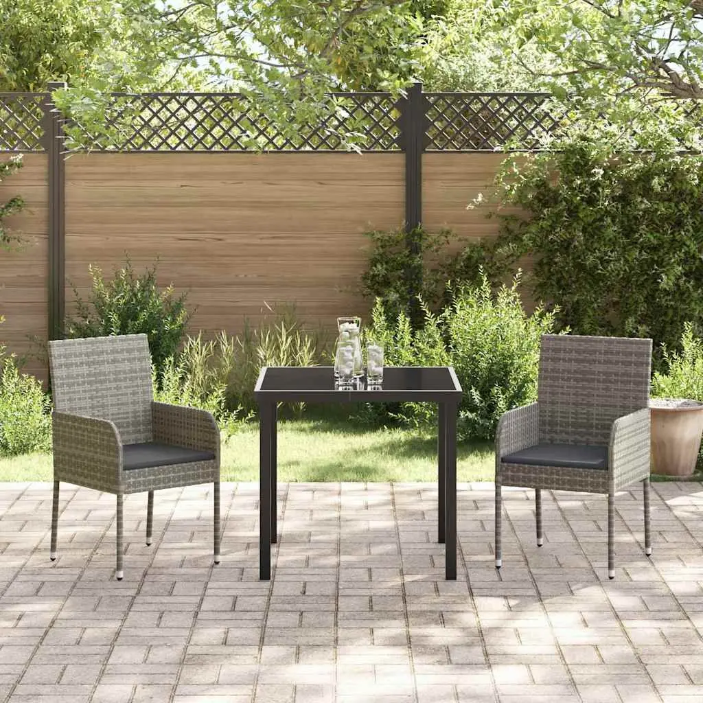 Garden Dining Set 3 Piece Outdoor Furniture Grey Poly Rattan Tempered Glass